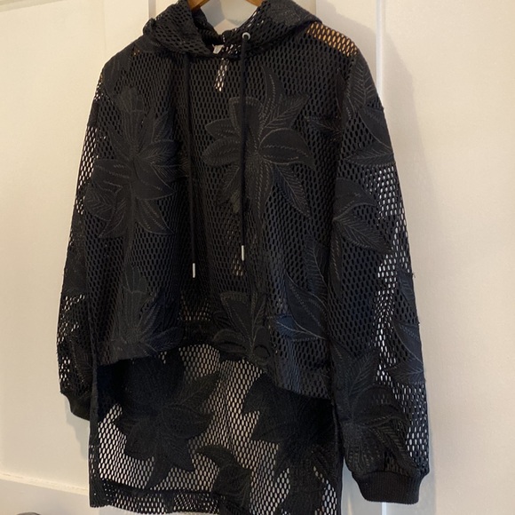 Free People Tops - Free People FP Movement Spring Fling Black Floral Mesh Hi-Lo Cropped Hoodie